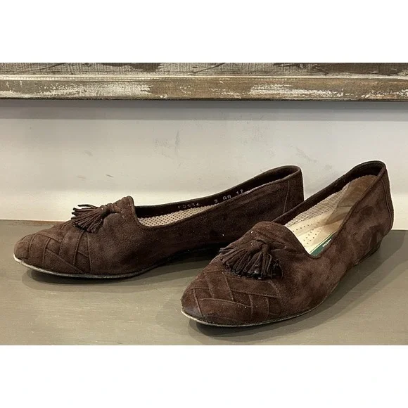 Cole‎ Haan Brown Suede Sz 8 AA Womens Quilted Tassel Fringe Loafer Flat Shoe - Picture 3 of 7